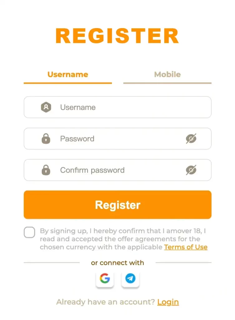 PHLAGO register form with simple input fields for new account setup